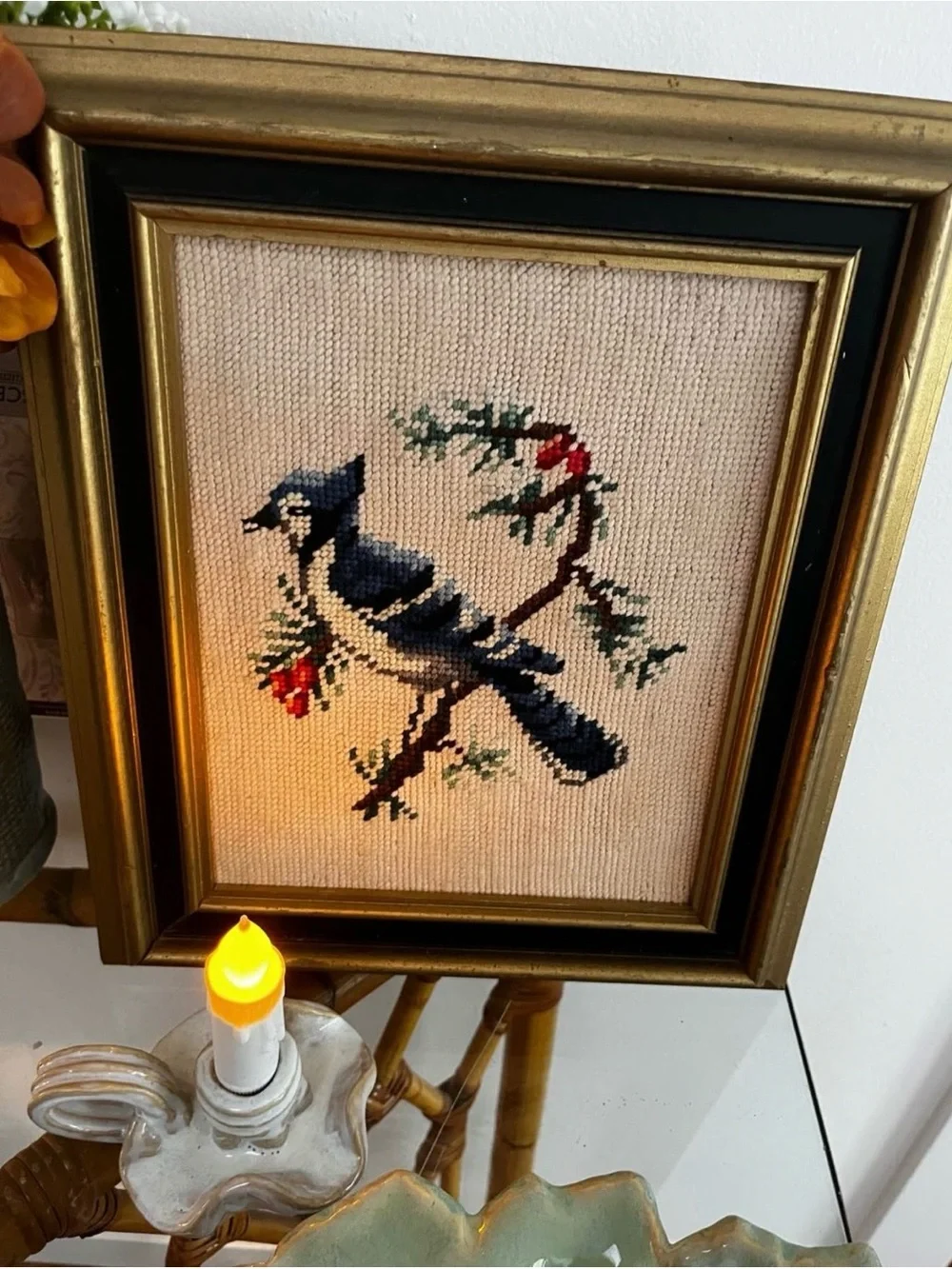 Handmade Blue Jay Cross Stitch Wall Art - Black and gold frame